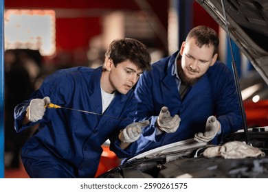 Two auto mechanics checking engine oil level under the hood of car together in a garage