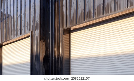 Two automatic white roller shutter entrance doors on black corrugated metal wall of modern building in industrial minimal style with light and shadow on surface, Perspective side view