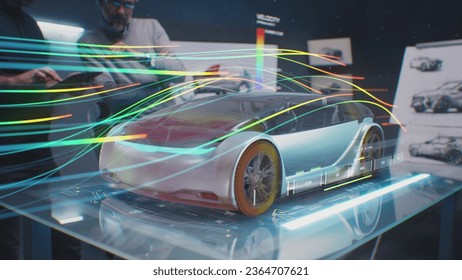Two automotive engineers check aerodynamics of new electric car using futuristic augmented reality holographic automobile prototype. 3D computer graphics of vehicle high-tech developing and testing.