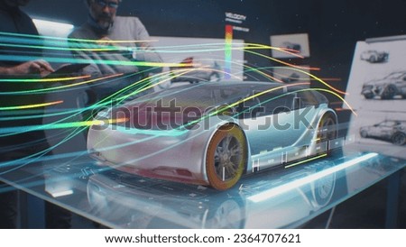 Two automotive engineers check aerodynamics of new electric car using futuristic augmented reality holographic automobile prototype. 3D computer graphics of vehicle high-tech developing and testing.