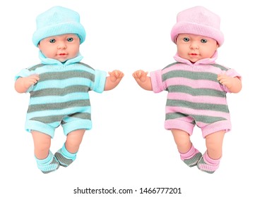 Two baby doll girl and boy in knitted dress on isolated white background