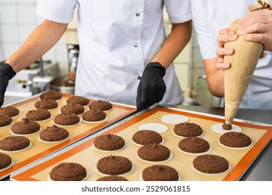 Two bakers are piping gingerbread dough onto wafers, preparing the cookies for baking. One baker is using a piping bag while the other is arranging wafers on a baking sheet - Powered by Shutterstock