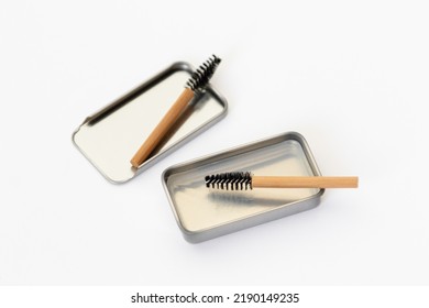 Two Bamboo Brow Brushes And Brow Styling Soap In A Metal Box. Cosmetic Set