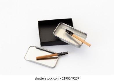 Two Bamboo Brow Brushes And Brow Styling Soap In A Metal Box. Cosmetic Set