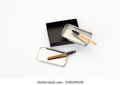 Two Bamboo Brow Brushes And Brow Styling Soap In A Metal Box. Cosmetic Set