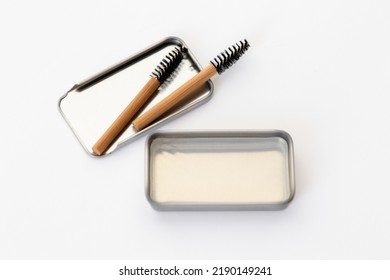 Two Bamboo Brow Brushes And Brow Styling Soap In A Metal Box. Cosmetic Set