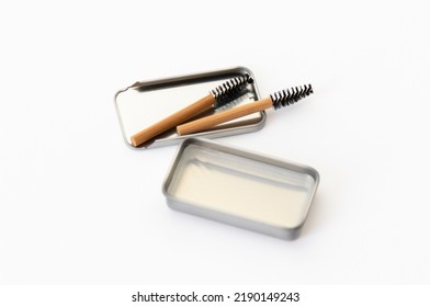 Two Bamboo Brow Brushes And Brow Styling Soap In A Metal Box. Cosmetic Set