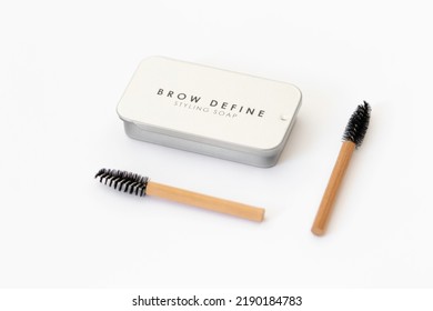 Two Bamboo Brow Brushes And Brow Styling Soap In A Metal Box. Cosmetic Set