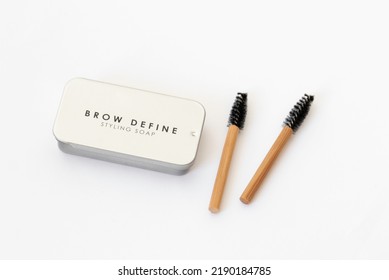 Two Bamboo Brow Brushes And Brow Styling Soap In A Metal Box. Cosmetic Set