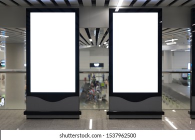 Two Bank Billboards Indoors Of Metro Or Airport Hall, Advertising Mock Up, Public Information Board. Blur Background. 