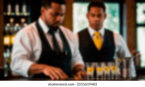 Two bartenders in formal attire behind the bar, preparing drinks with a focused expression. The image is softly blurred, adding a professional yet casual atmosphere - Powered by Shutterstock