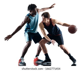 Two Basketball Players Men Isolated In Silhouette Shadow On White Background