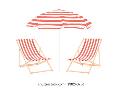 Two Beach Sun Loungers And An Umbrella, Isolated On White Background