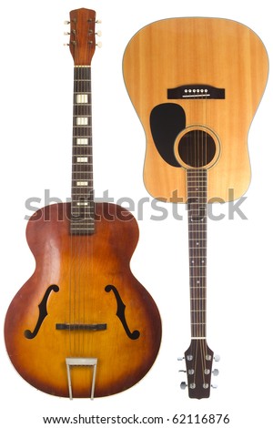 Two beautiful acoustic guitars, one antique one modern, isolated on white background