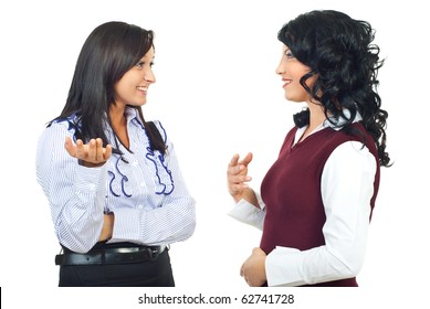 Two beautiful business women having a happy discussion isolated on white background