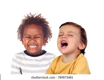 Two Beautiful Children Laughing Isolated On A White Backround