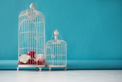 Two Beautiful Empty Birdcages On A Blue Background, The Floral Decor.