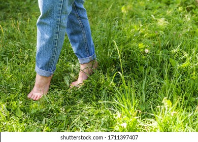Two beautiful female feet walking on grass in sunny summer morning. Light step barefoot girl legs on soft spring lawn in garden or park. Healthy freedom relax concept