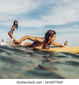 Two beautiful fit surfing girl on surf longboard surfboard board on sunrise or sunset in the ocean. Woman ride good wave while her friend paddle. Modern active sport lifestyle and summer vacation.