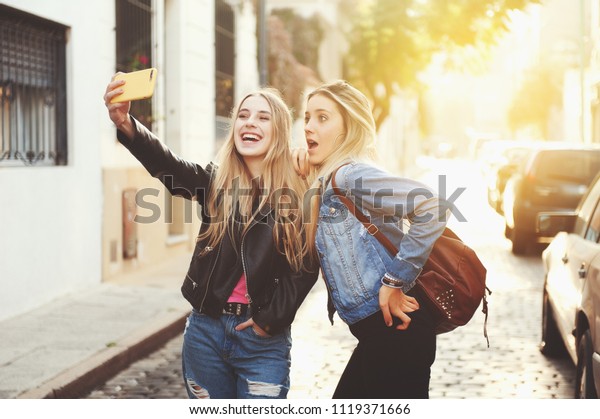 Two Beautiful Girlfriends Blonde Girl Long Stock Photo Edit Now