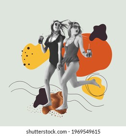 Two beautiful girls in swimming suits on geometric light background. Contemporary art collage, modern design. Copy space for ad, text. Conceptual bright art collage. Party time, fun summer mood. - Shutterstock ID 1969549615