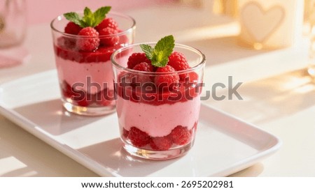 Two beautiful glasses of layered raspberry mousse parfaits, topped with fresh raspberries and mint, sit on a white serving tray in a romantic, sunlit setting.