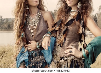 Two beautiful gypsy girls in ethnic jewelry 