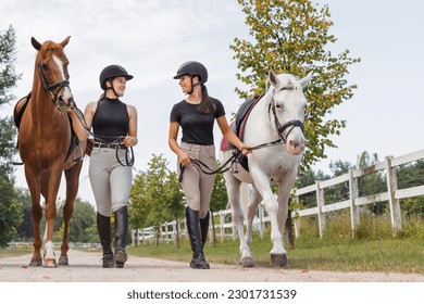 Two beautiful horses with female jockeys, walking side by side along a path near the equestrian farm fields - Powered by Shutterstock