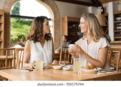 Two Beautiful Mature Women Holding Cup Of Coffee And Talking To Each Other In A Cafeteria. Senior Women In Conversation While Having Breakfast. Happy Middle Aged Friends Meeting Up For Coffee. 
