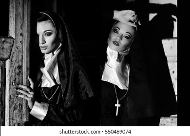 Two beautiful sexy nuns at dark mystical, mysterious church, place at night. Black and white photo of two similar nuns.Nun twins on black background. Nun costume on Halloween. Two seductive nuns alone