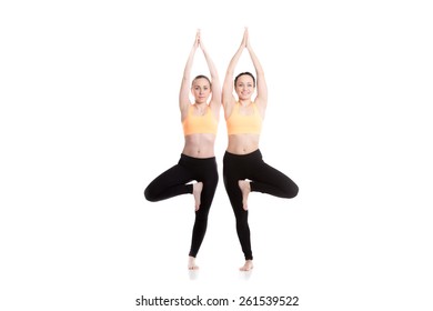 Two Beautiful Sporty Girls In Orange Sportswear Practice Yoga With Partner, Exercise For Spine, Standing Symmetrical In Asana Vrikshasana (Vriksasana, Tree Pose)