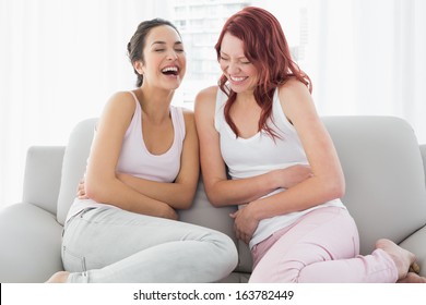 Two Beautiful Young Female Friends Laughing In The Living Room At Home