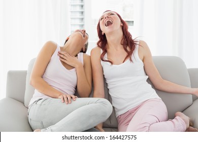 Two Beautiful Young Female Friends Laughing In The Living Room At Home