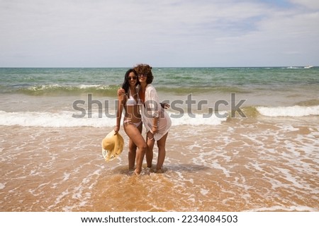 Two beautiful young women in bikinis strolling along the shore. The women are enjoying their trip to the beach paradise while making different gestures and expressions. Holidays and travels.