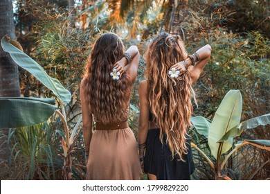 two beautiful young women in elegant dresses at tropical background 