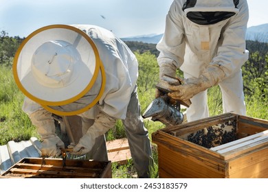 Two beekeepers at work, one with the smoker to calm the bees, the other working with a hive. - Powered by Shutterstock