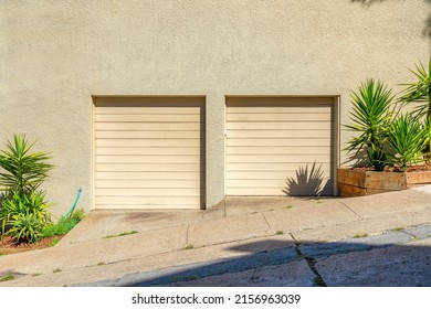 Two Beige Roll Up Garage Doors At San Francisco, California