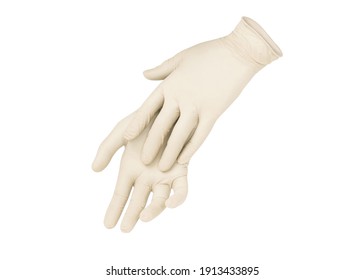 Two beige surgical medical gloves isolated on white background with hands. Rubber glove manufacturing, human hand is wearing a latex glove. Doctor or nurse putting on nitrile protective gloves
