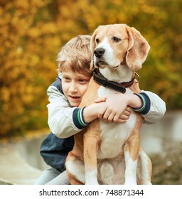 Two Best Freinds Portrait - Little Boy Hugs Beagle Dog