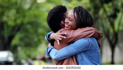 Two Best Friends Meeting, African Women Hugging And Embrace Outside In Street