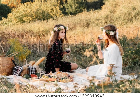 Two best friends on picnic in the field laying on the laid smiling
