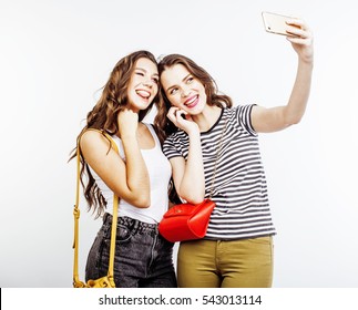 Two Best Friends Teenage Girls Together Having Fun, Posing Emotional On White Background, Besties Happy Smiling, Making Selfie, Lifestyle People Concept