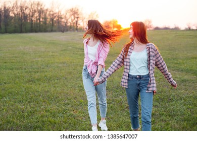 Two best friends walking on the field at sunset