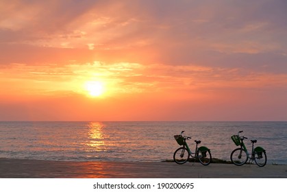 Two Bicycles On Batumi Beach, Sunset 