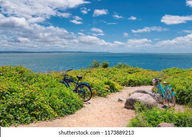 Two Bicycles On The Beach Trail At Sunny Summer Day In Cape Cod Beach, Massachusetts.