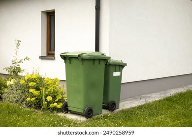 Two Big empty green plastic trash garbage bin in front of the modern house. Plastic pollution problem.