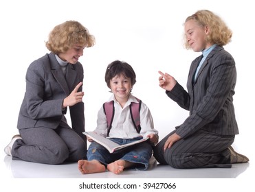 Two Big Sister In School Uniform And Little Boy