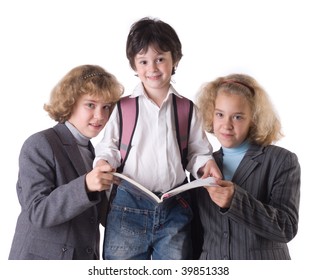 Two Big Sister In School Uniform And Little Boy