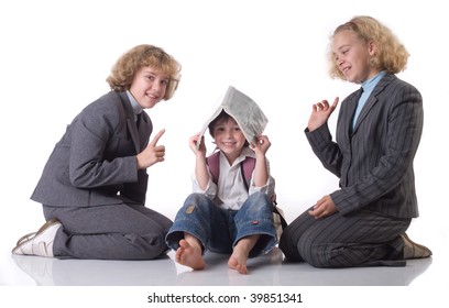 Two Big Sister In School Uniform And Little Boy