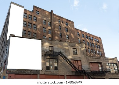 Two Big, White, Blank, Billboard On The Brick Building. Manhattan, New York.